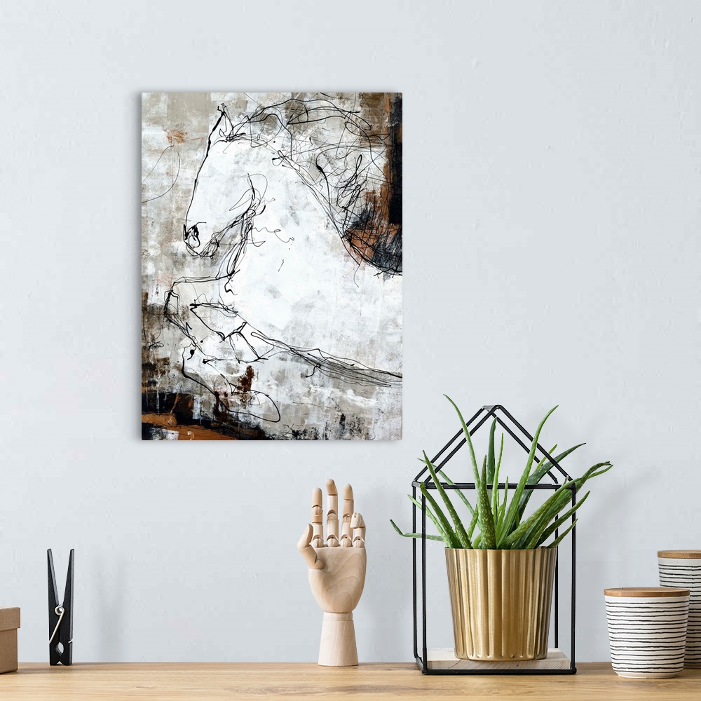 A bohemian room featuring Contemporary abstract painting of a white horse created with black scribbled lines on a brown, wh...