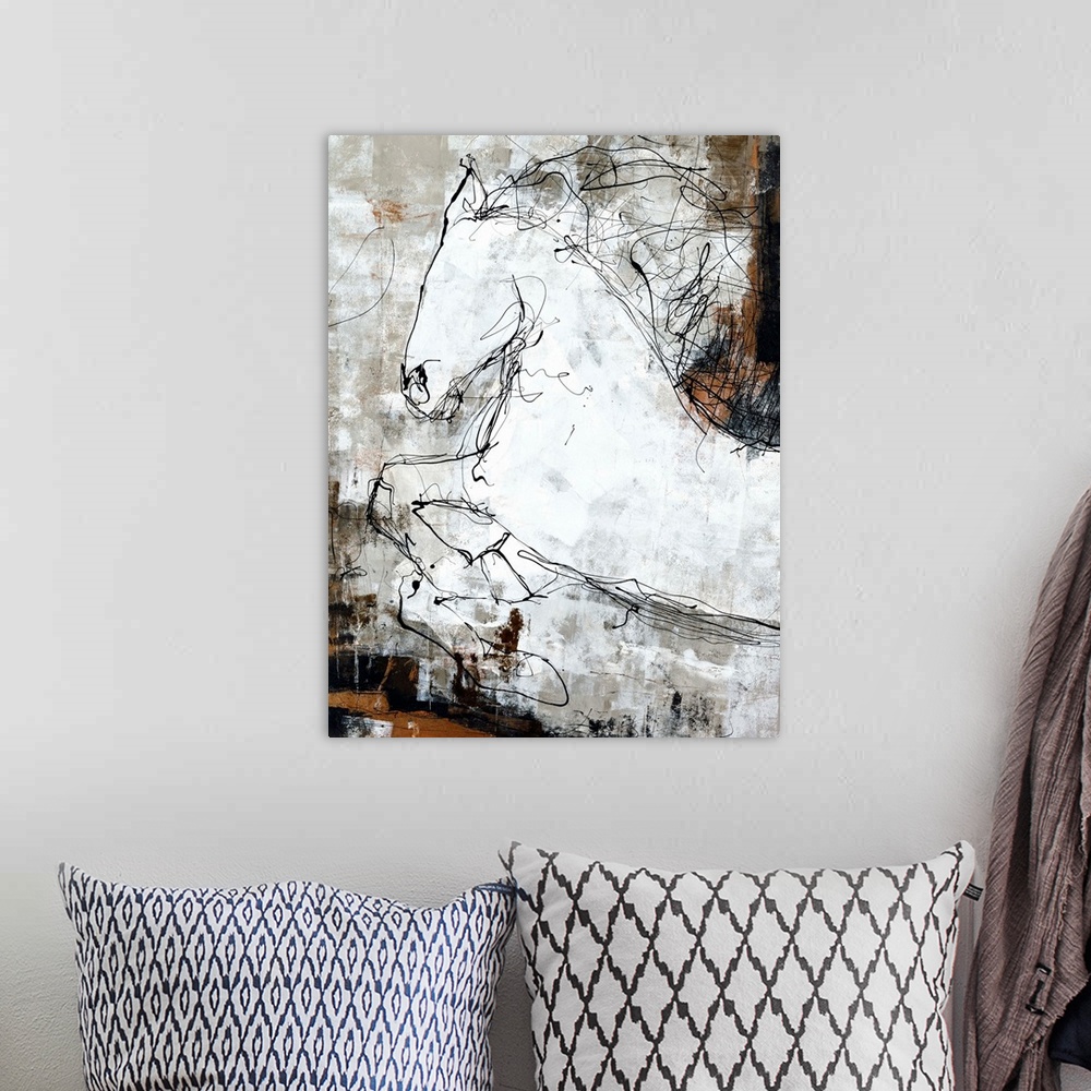 A bohemian room featuring Contemporary abstract painting of a white horse created with black scribbled lines on a brown, wh...