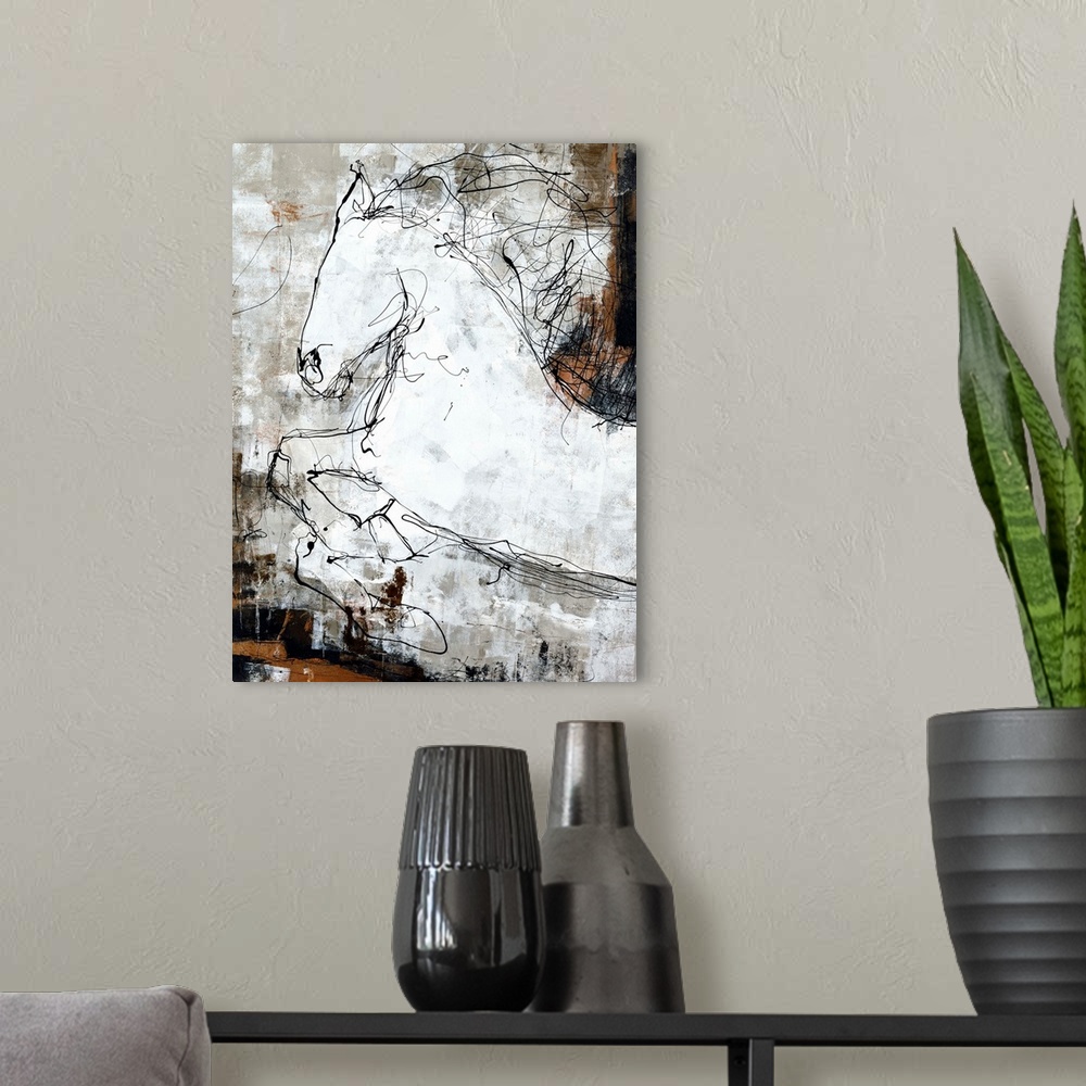 A modern room featuring Contemporary abstract painting of a white horse created with black scribbled lines on a brown, wh...