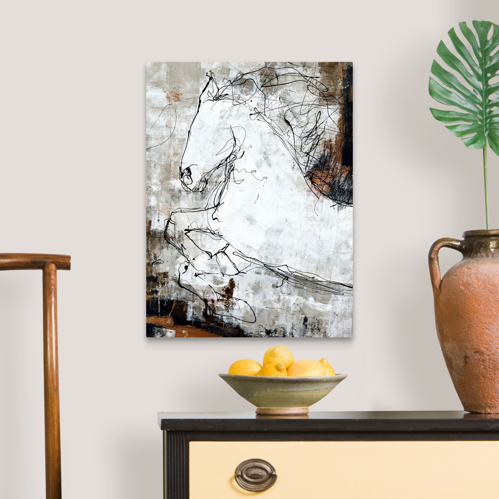 A traditional room featuring Contemporary abstract painting of a white horse created with black scribbled lines on a brown, wh...