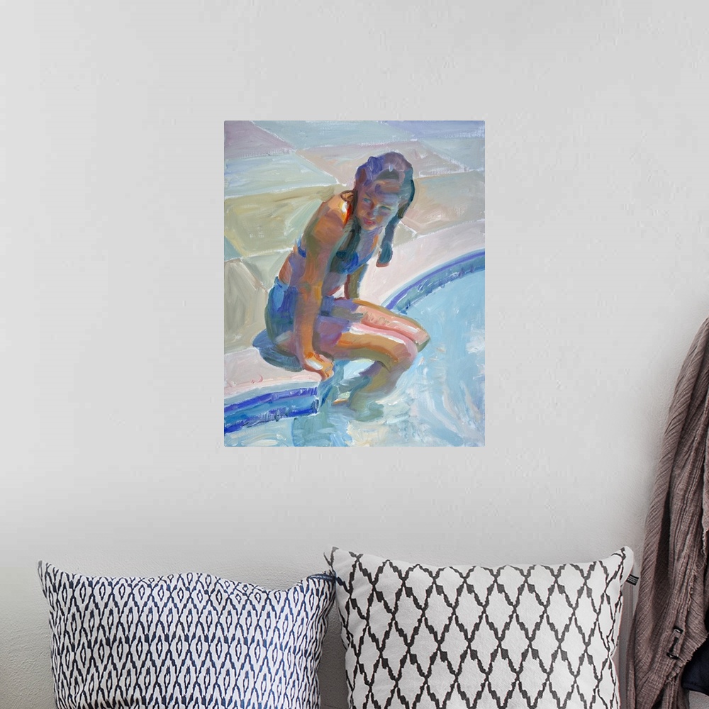 A bohemian room featuring Painting of a young girl sitting on the edge of a pool.