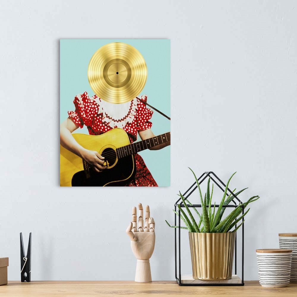 A bohemian room featuring Illustration of a woman wearing a red and white polka dot dress playing the guitar with a gold vi...