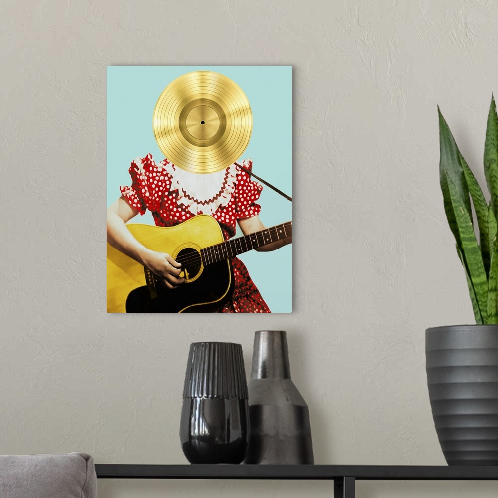 A modern room featuring Illustration of a woman wearing a red and white polka dot dress playing the guitar with a gold vi...