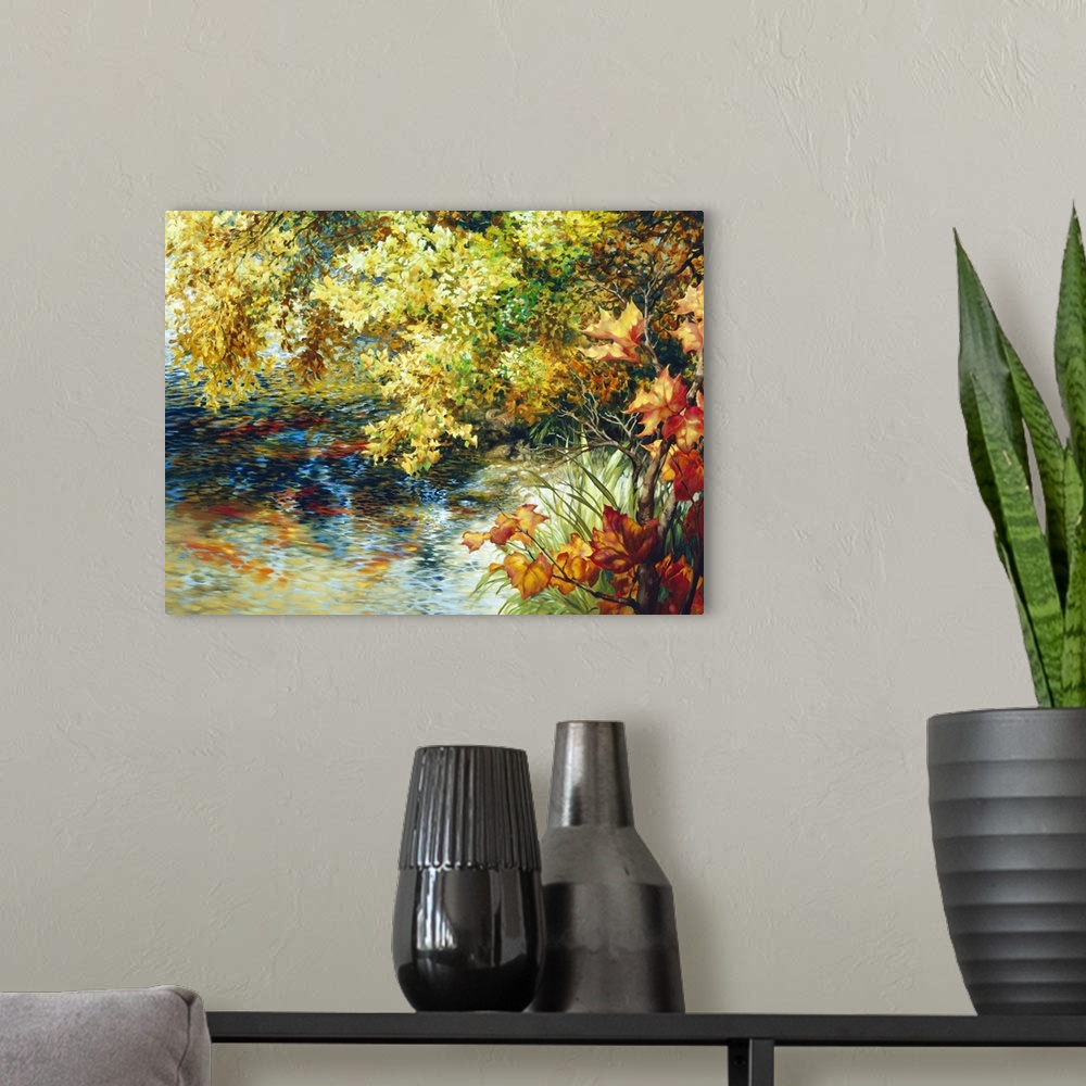 A modern room featuring Creek and Fall Trees