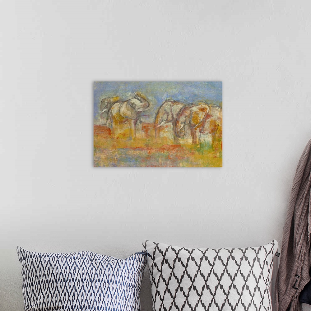 A bohemian room featuring Contemporary abstract painting of four elephants in a colorful field made up of orange, blue, yel...