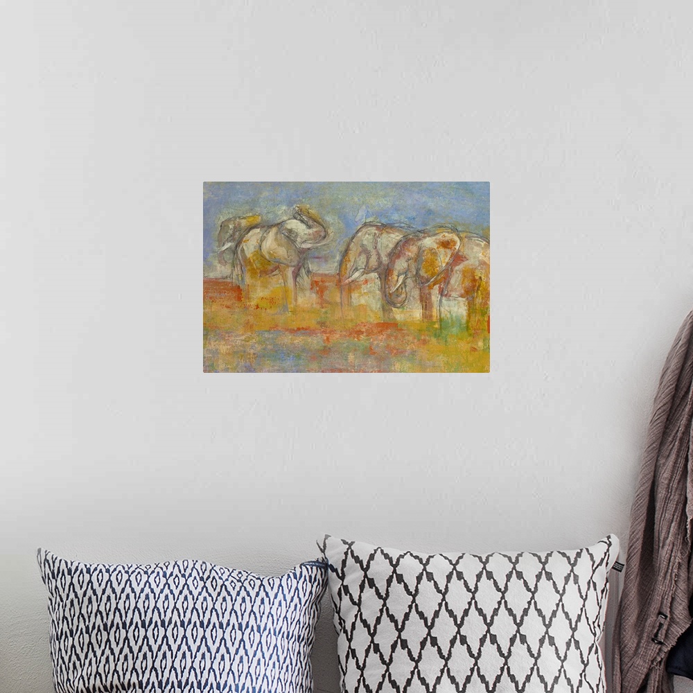 A bohemian room featuring Contemporary abstract painting of four elephants in a colorful field made up of orange, blue, yel...