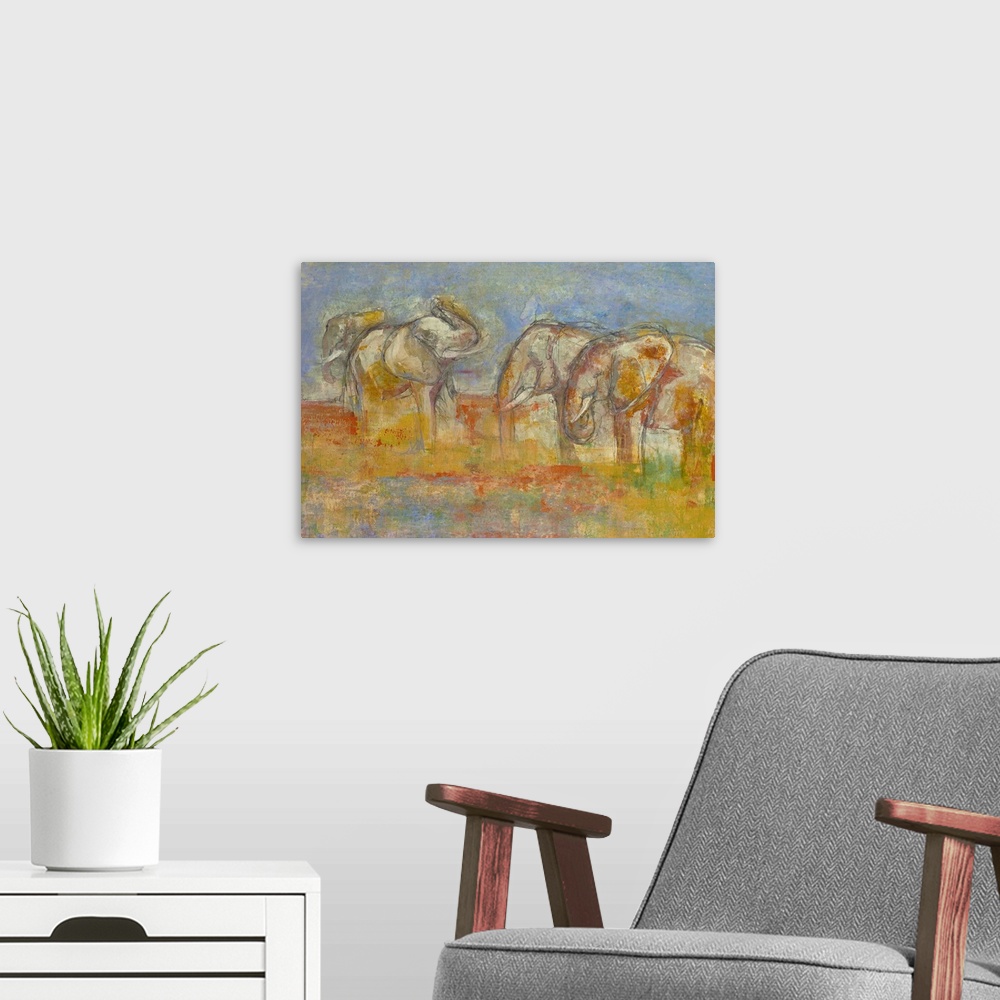 A modern room featuring Contemporary abstract painting of four elephants in a colorful field made up of orange, blue, yel...