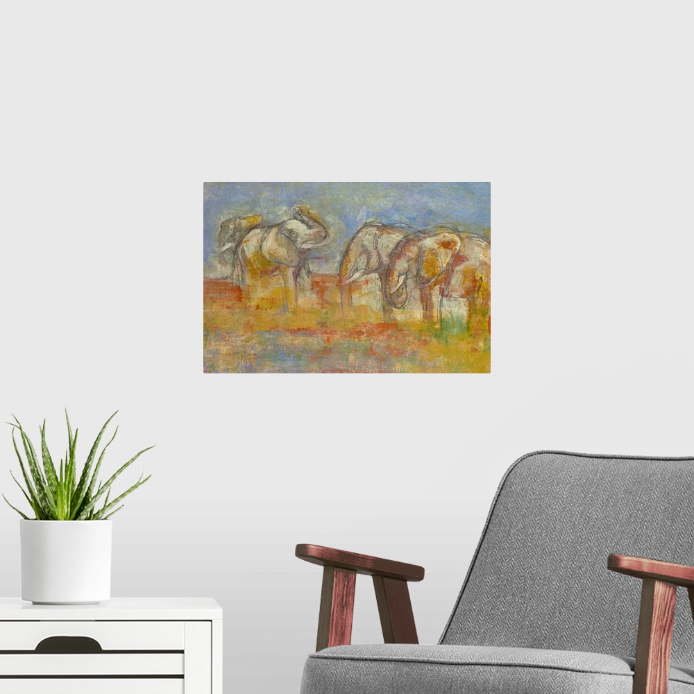 A modern room featuring Contemporary abstract painting of four elephants in a colorful field made up of orange, blue, yel...