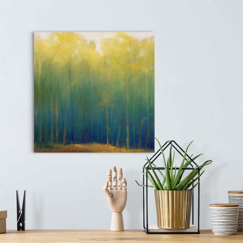 A bohemian room featuring A square contemporary painting of a forest filled with soft light and slender, vertical trees.