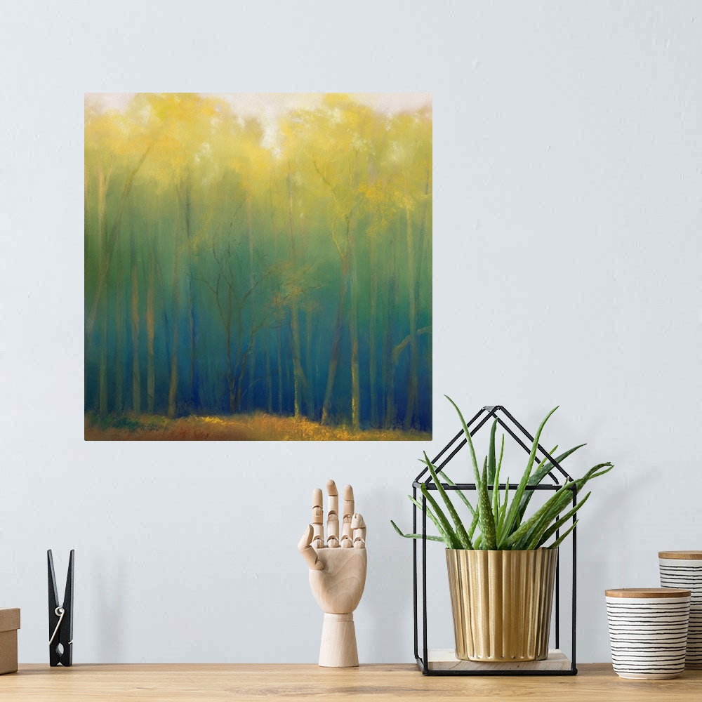 A bohemian room featuring A square contemporary painting of a forest filled with soft light and slender, vertical trees.