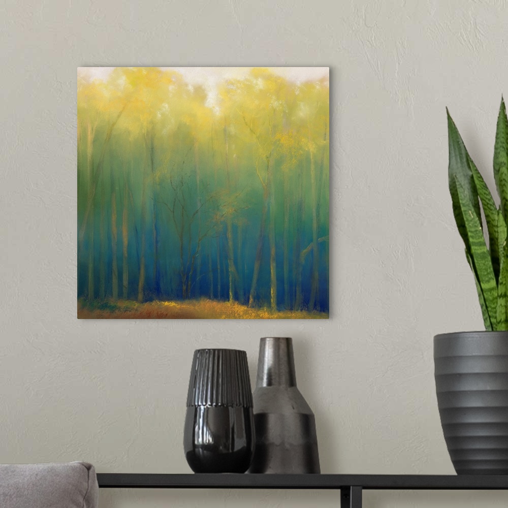 A modern room featuring A square contemporary painting of a forest filled with soft light and slender, vertical trees.