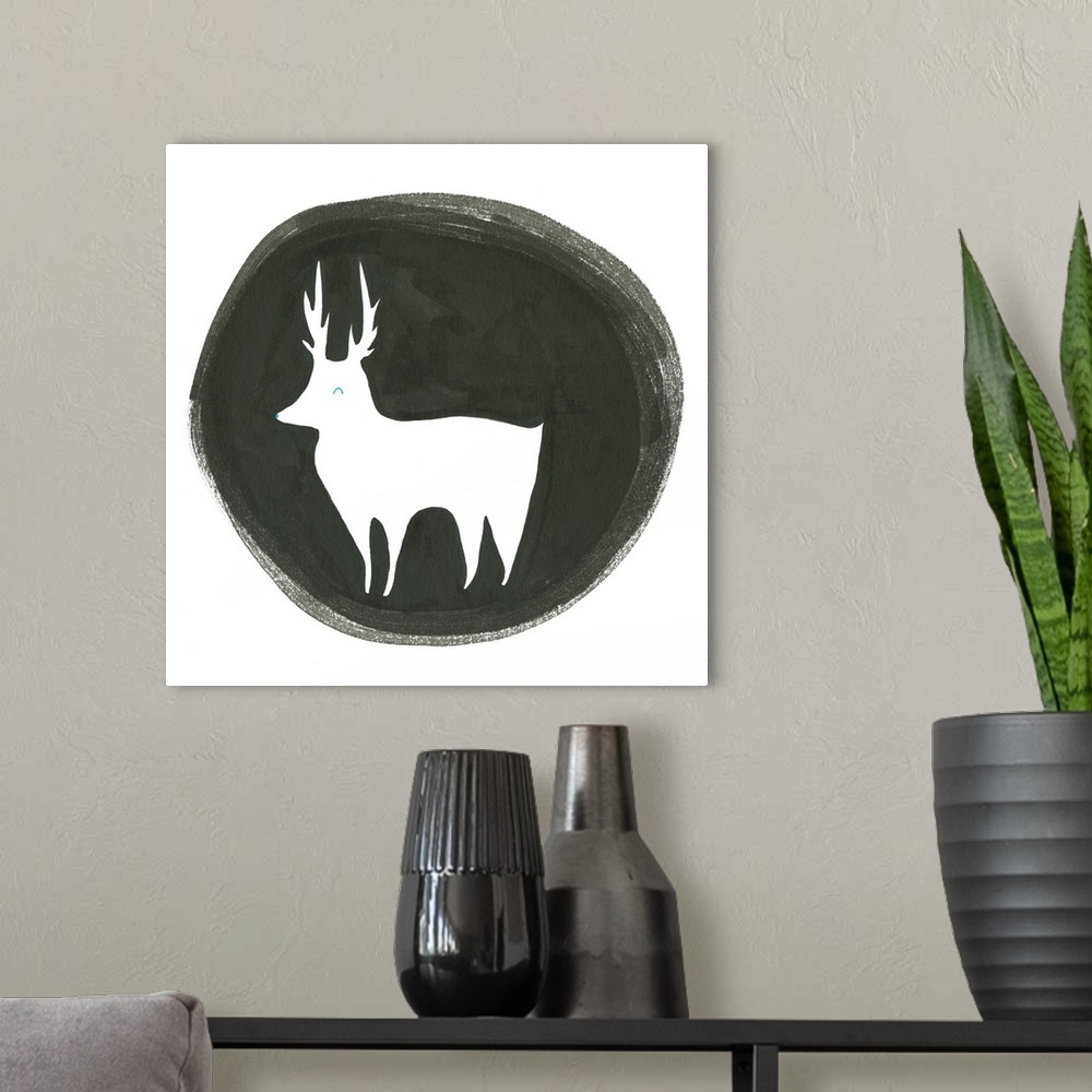 A modern room featuring A reindeer outlined with a black watercolor circle.