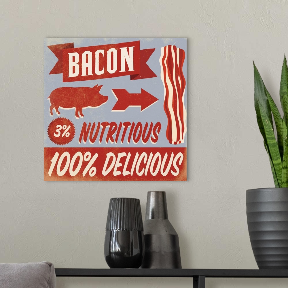 A modern room featuring Contemporary and humorous bacon themed artwork.