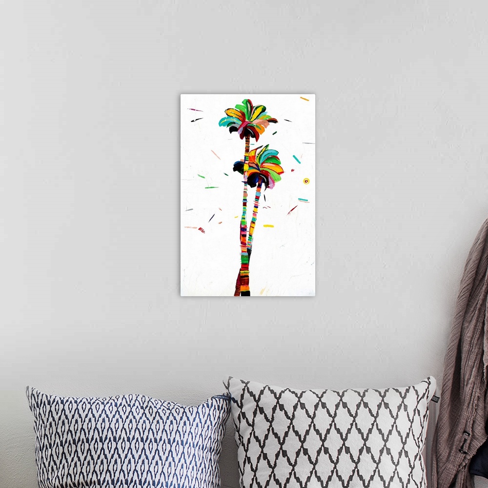 A bohemian room featuring Colorful abstract painting of two palm trees on a white background with a few dashes of color.