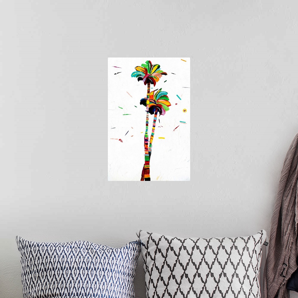 A bohemian room featuring Colorful abstract painting of two palm trees on a white background with a few dashes of color.