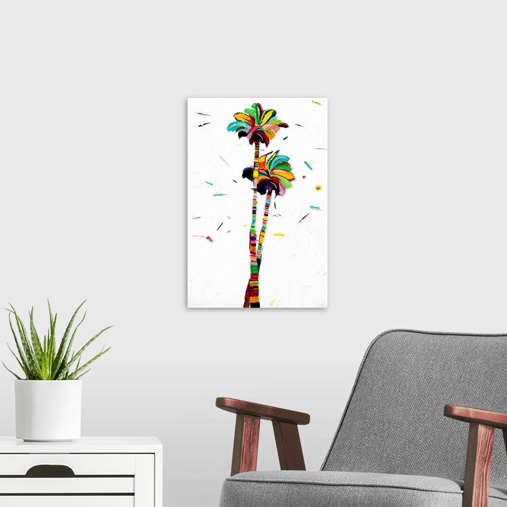 A modern room featuring Colorful abstract painting of two palm trees on a white background with a few dashes of color.