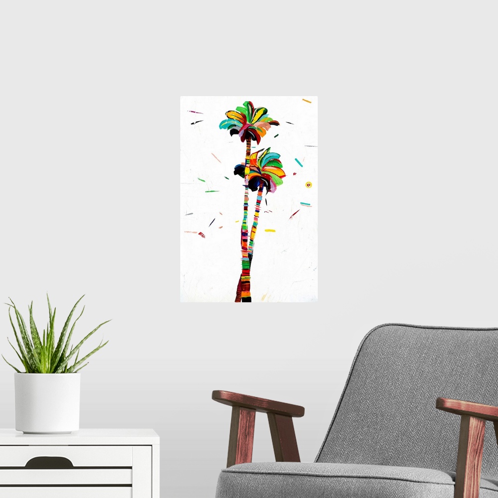 A modern room featuring Colorful abstract painting of two palm trees on a white background with a few dashes of color.