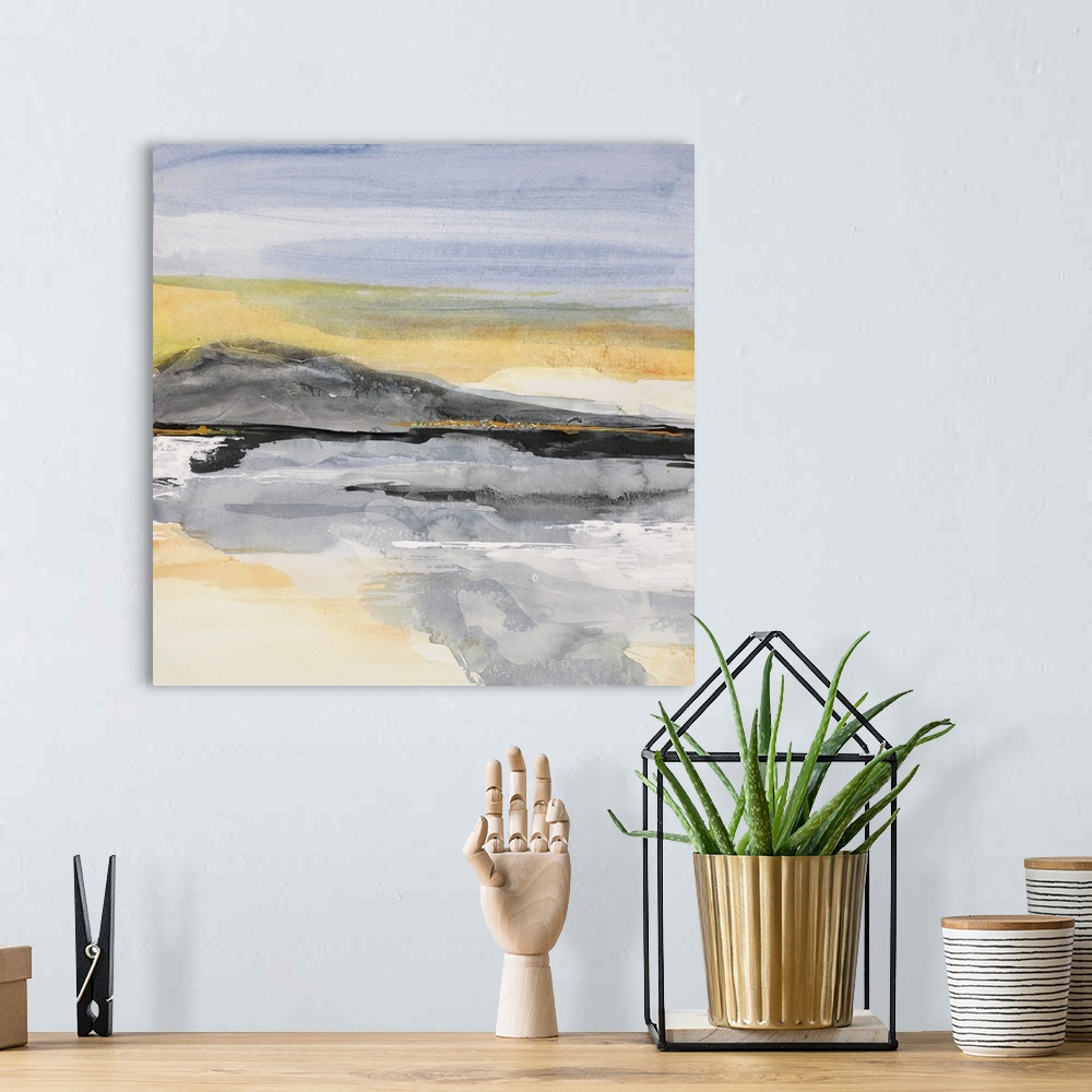 A bohemian room featuring Square abstract painting of a mountainous landscape using blue, yellow, white, and black hues.