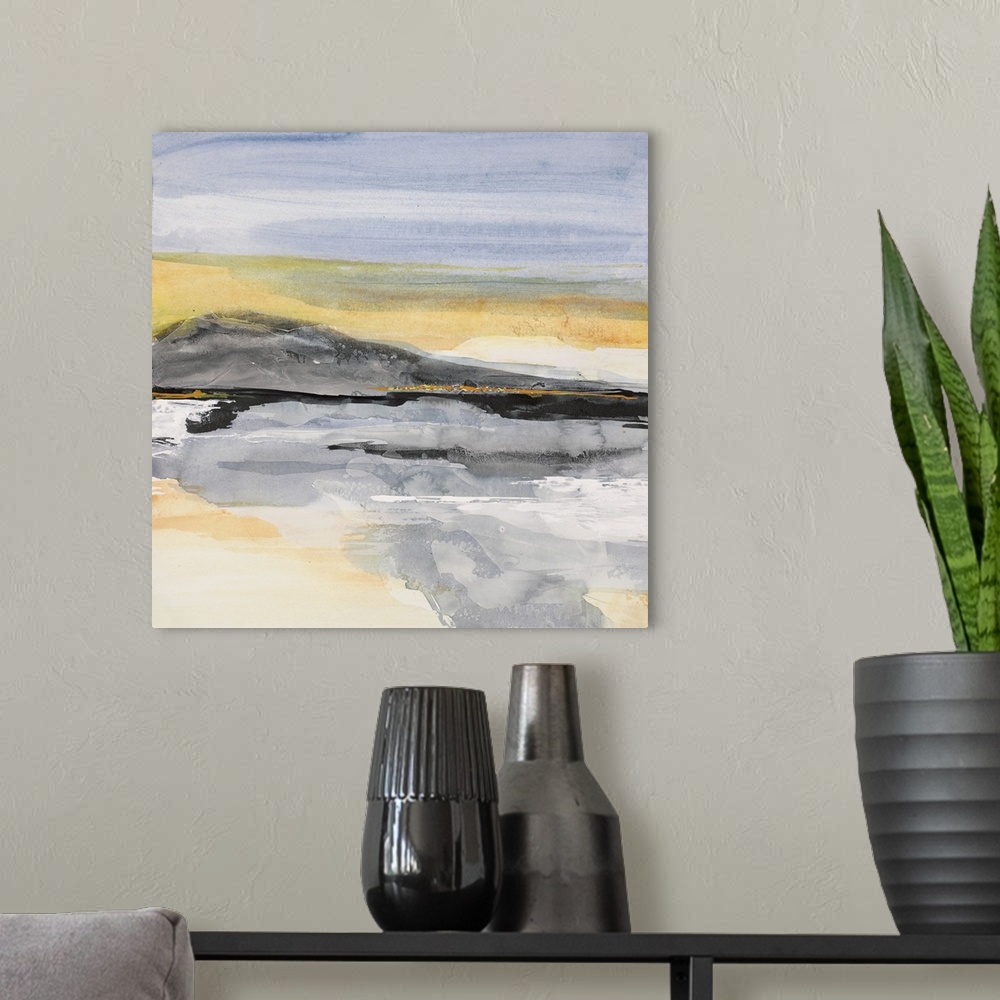 A modern room featuring Square abstract painting of a mountainous landscape using blue, yellow, white, and black hues.