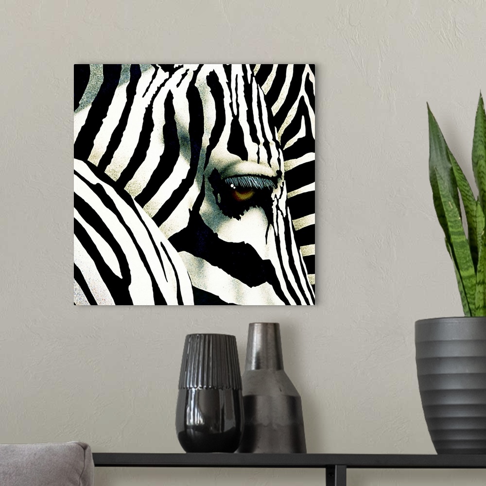 A modern room featuring This is a very up close view of a zebra's head and eye with other parts of zebras shown in front ...
