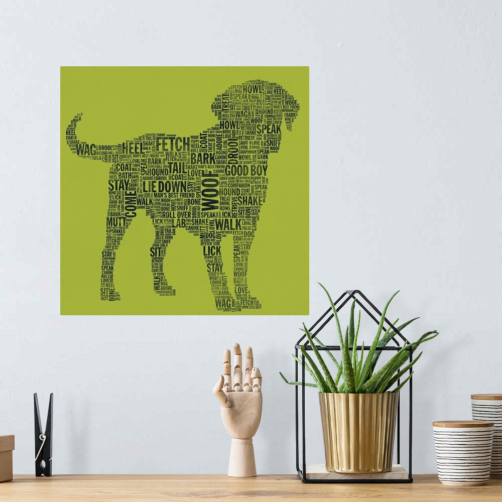 A bohemian room featuring Huge illustration constructs the shape of a Labrador retriever filled in with different words des...
