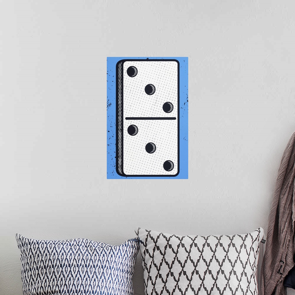 A bohemian room featuring Contemporary pop art style artwork of a domino against a blue background.