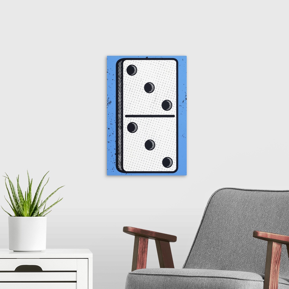 A modern room featuring Contemporary pop art style artwork of a domino against a blue background.