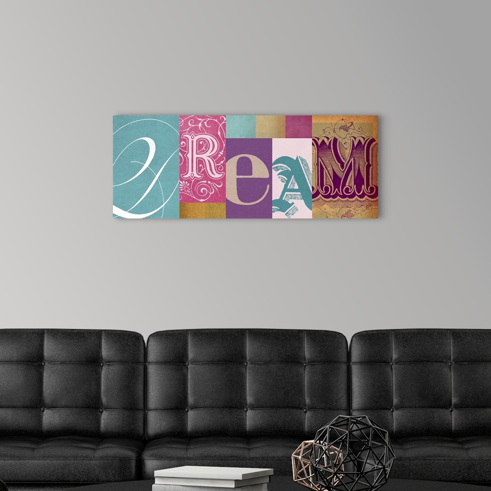 A modern room featuring Horizontal artwork on a big wall hanging of the word "DREAM", pieced together with each letter in...