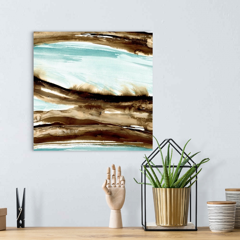 A bohemian room featuring Abstract watercolor artwork of brown waves over teal blue.