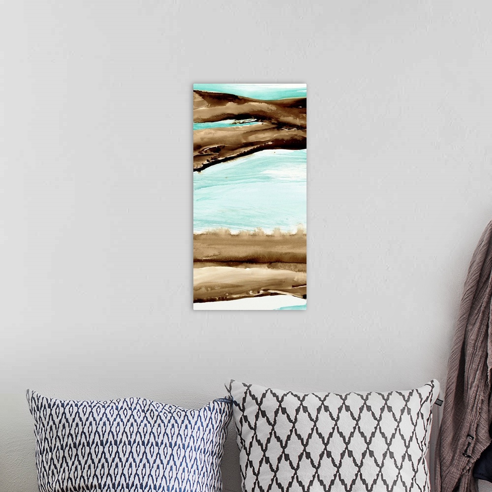 A bohemian room featuring Abstract watercolor artwork of brown waves over teal blue.
