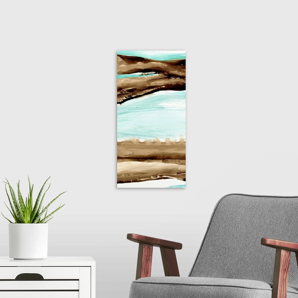 A modern room featuring Abstract watercolor artwork of brown waves over teal blue.