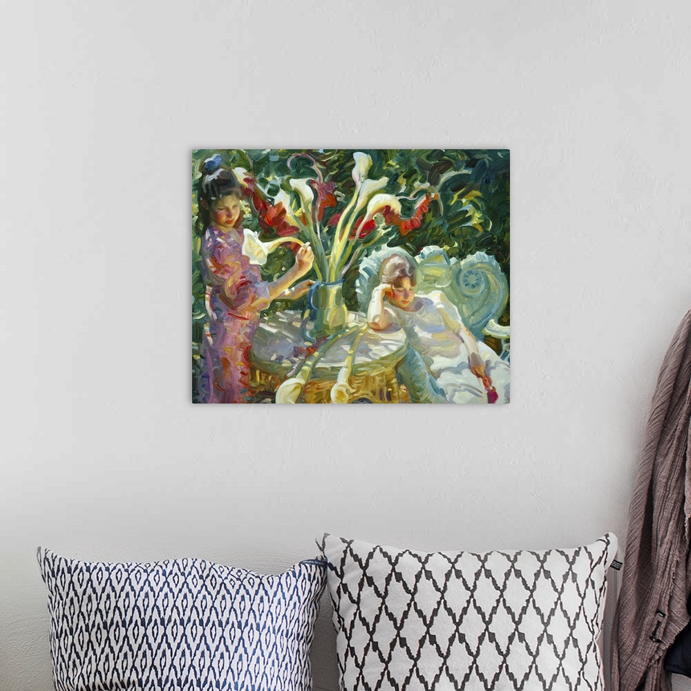 A bohemian room featuring A contemporary painting tow girls sitting at a table in a garden.