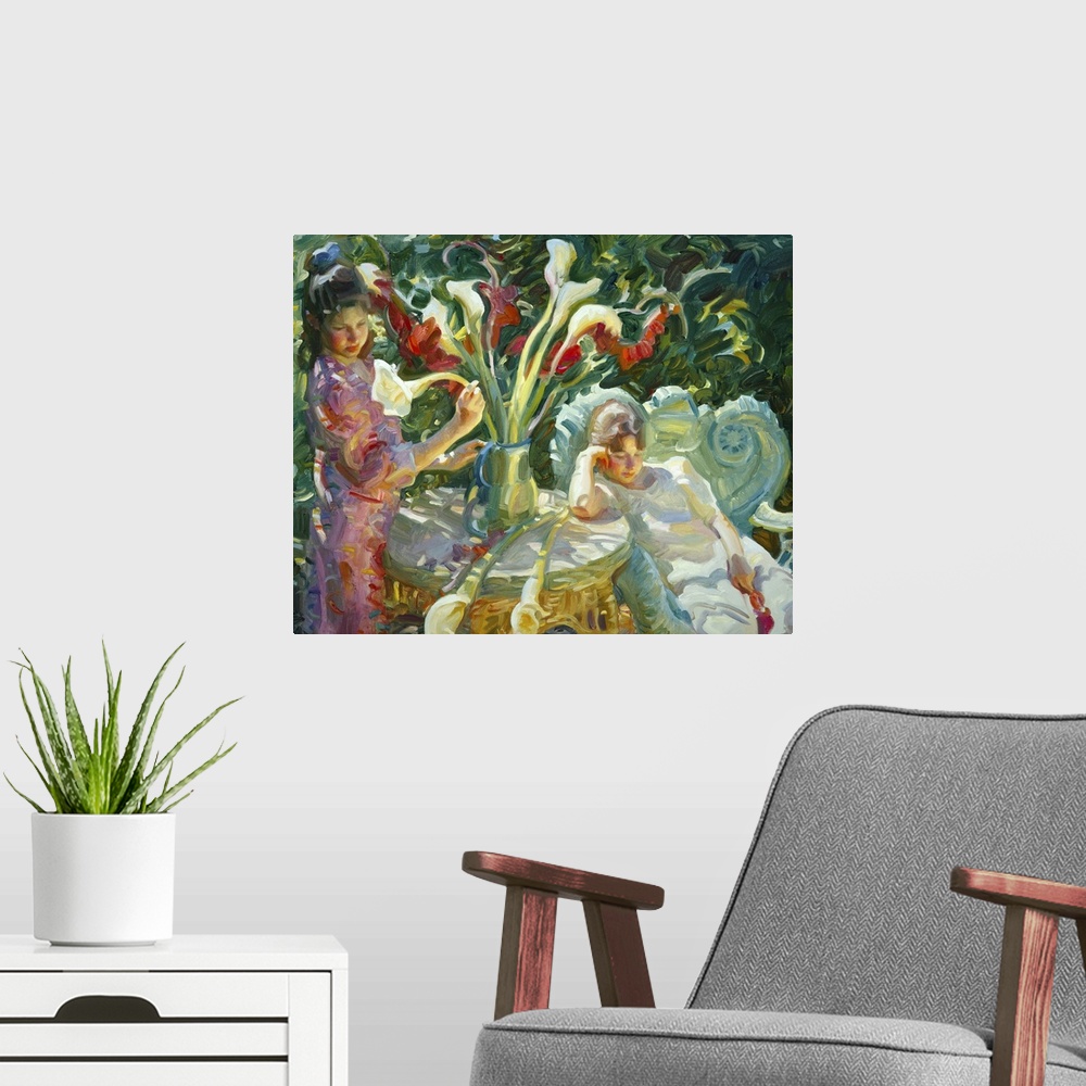 A modern room featuring A contemporary painting tow girls sitting at a table in a garden.
