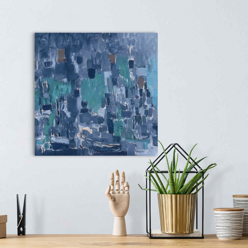 A bohemian room featuring Square abstract painting made up of small geometric square and rectangular brushstrokes in shades...