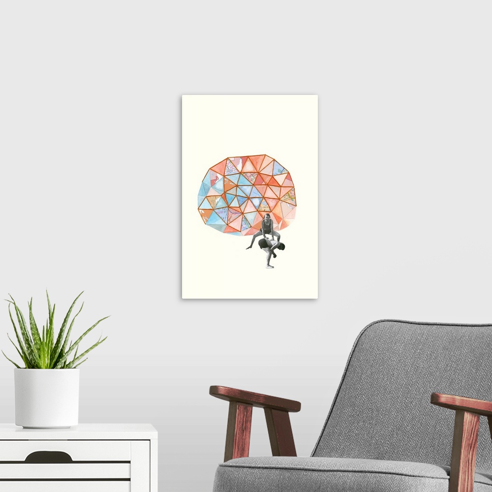 A modern room featuring Abstract art of a geometric prism created with mixed media in shades of blue, orange, and red, wi...
