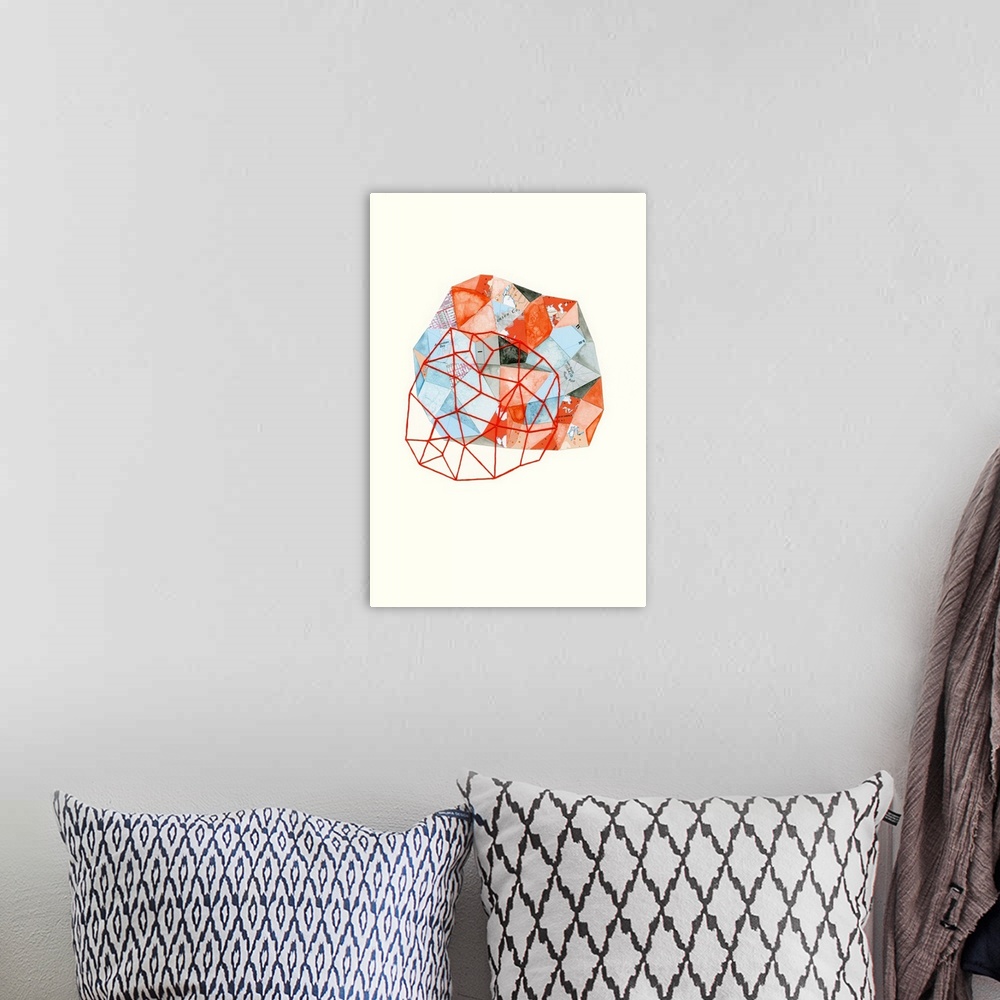 A bohemian room featuring Abstract art of a geometric prism created with mixed media in shades of red and blue.