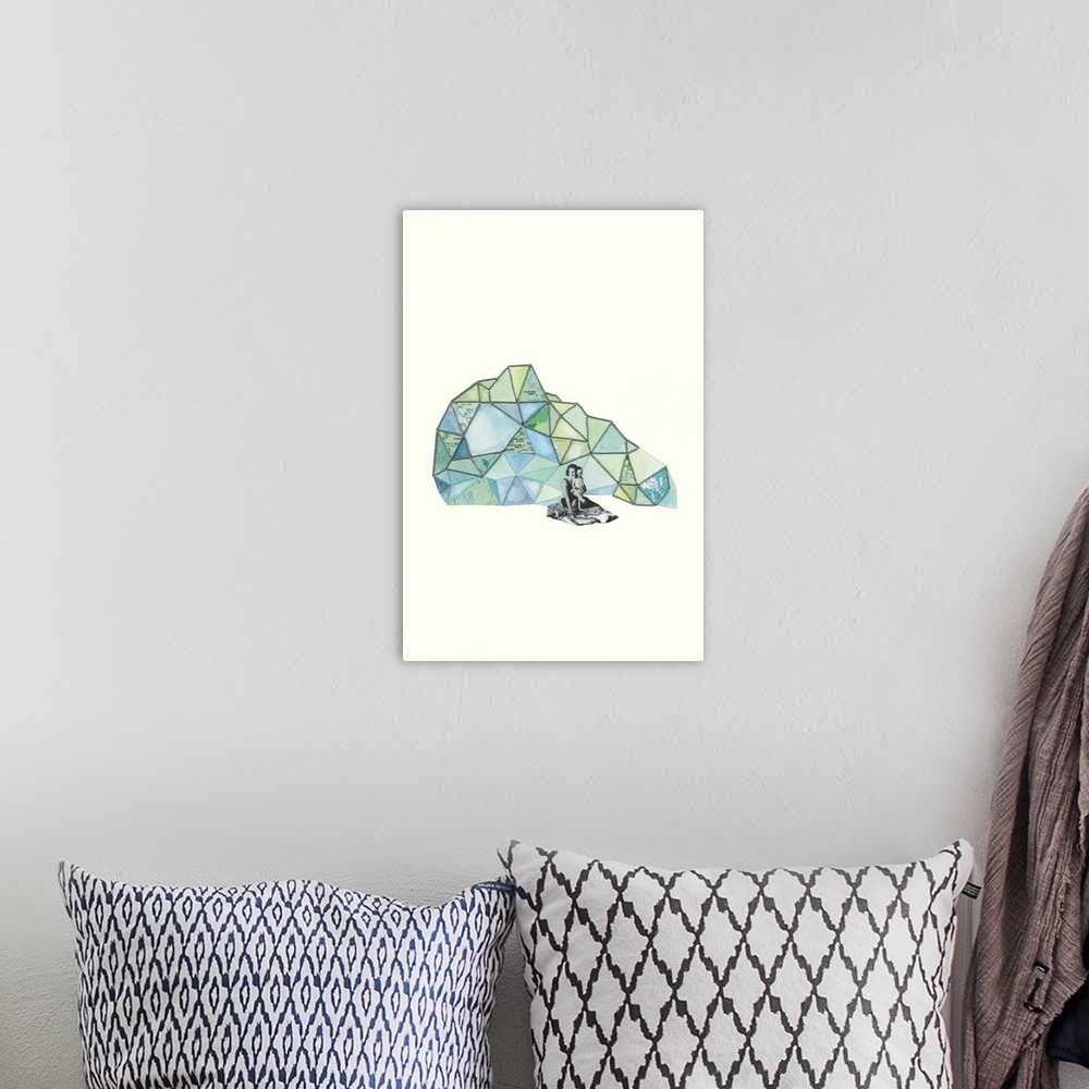 A bohemian room featuring Abstract art of a geometric prism created with mixed media in shades of blue and green with map p...