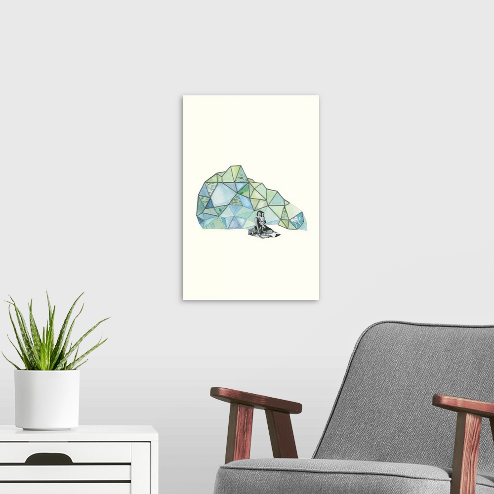 A modern room featuring Abstract art of a geometric prism created with mixed media in shades of blue and green with map p...