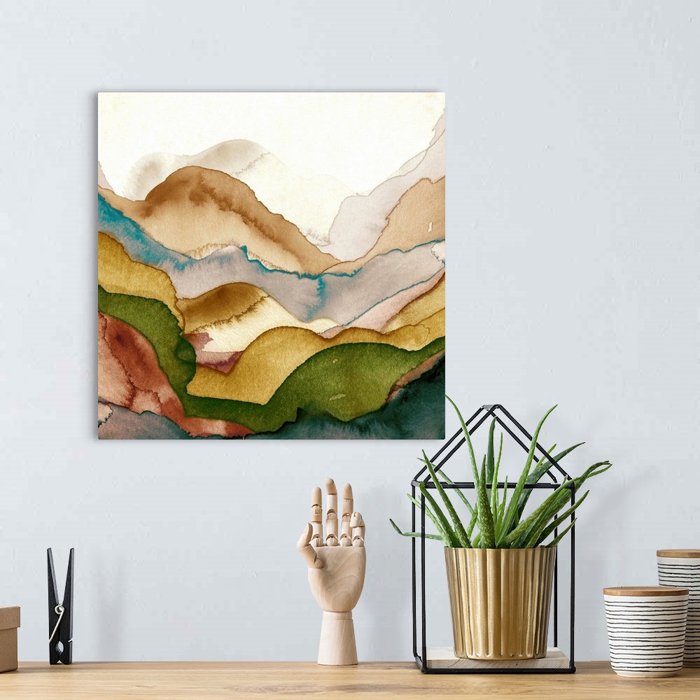 A bohemian room featuring Contemporary abstract watercolor painting of different layers overlapping resembling a landscape.