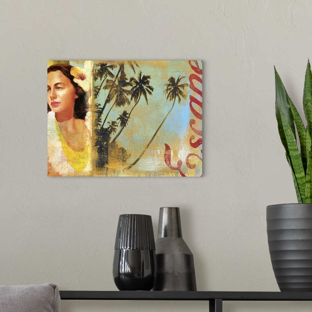 A modern room featuring Large collage of a woman with a tropical flower in her hair and the silhouette of palm trees over...