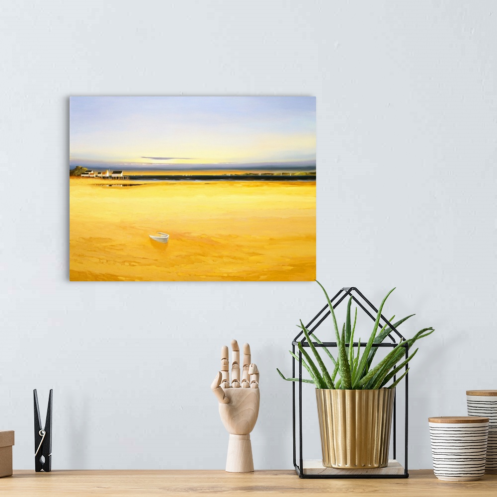 A bohemian room featuring Seascape in the late afternoon with golden water and houses in the distance.