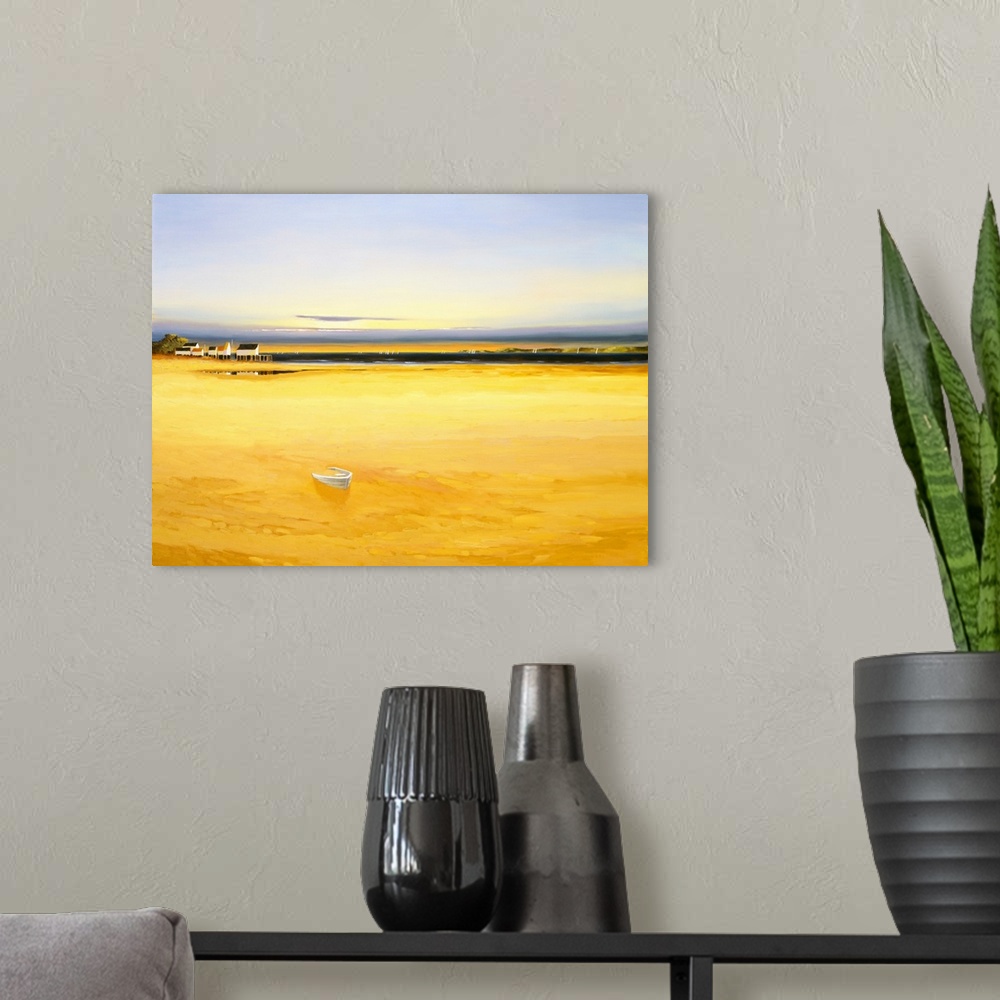 A modern room featuring Seascape in the late afternoon with golden water and houses in the distance.