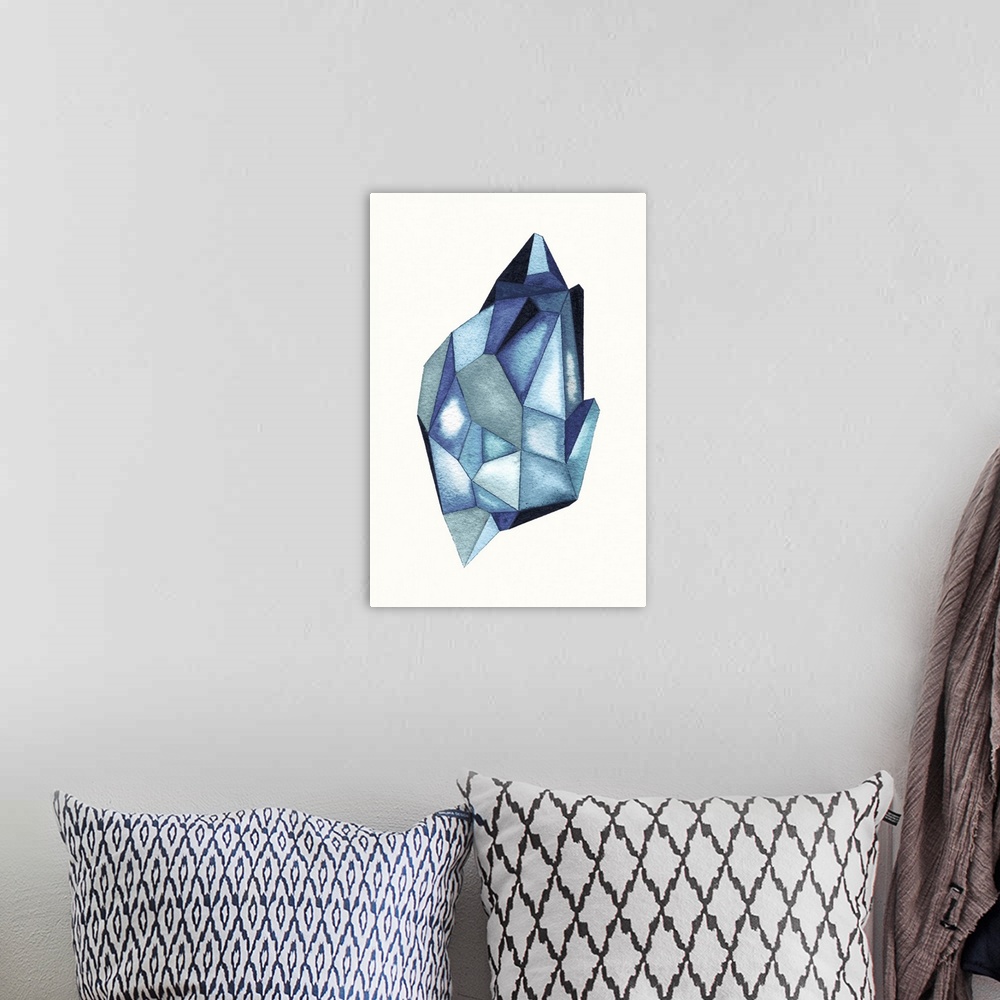 A bohemian room featuring A contemporary abstract watercolor painting of an azure blue colored crystal-like shape.