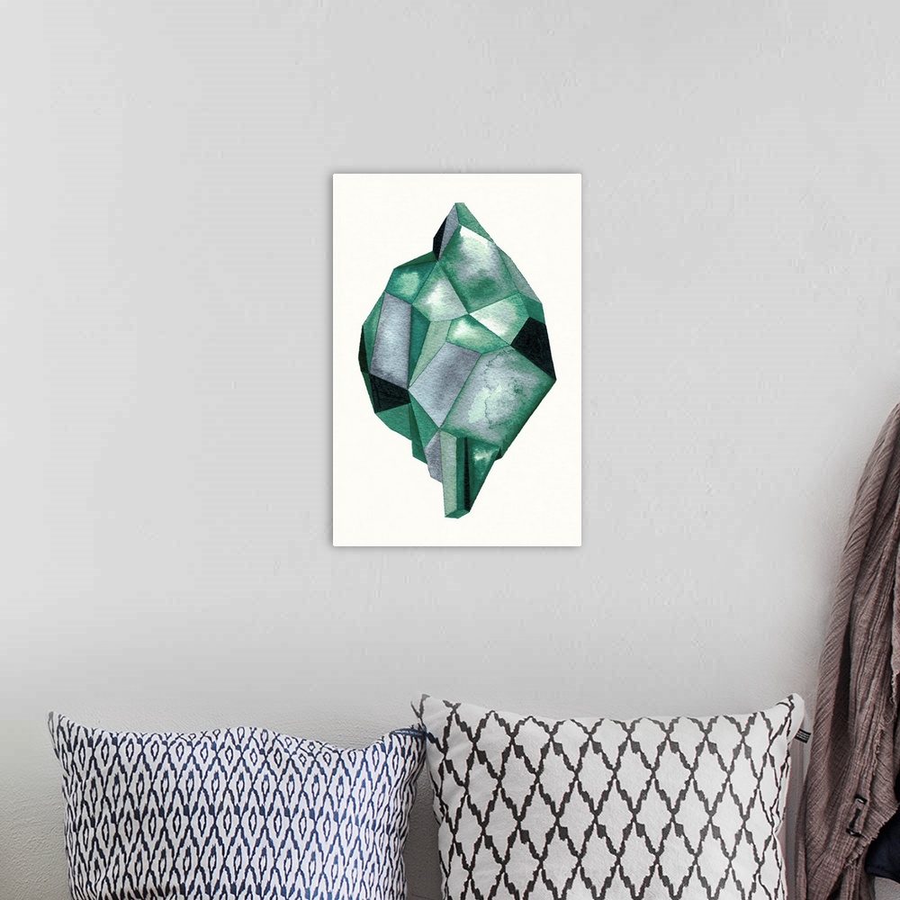 A bohemian room featuring A contemporary abstract watercolor painting of an emerald colored crystal-like shape.