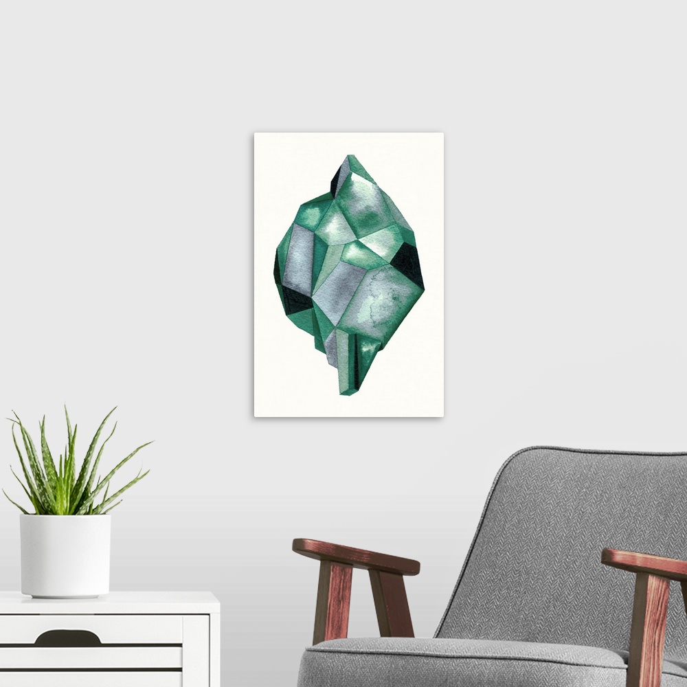 A modern room featuring A contemporary abstract watercolor painting of an emerald colored crystal-like shape.