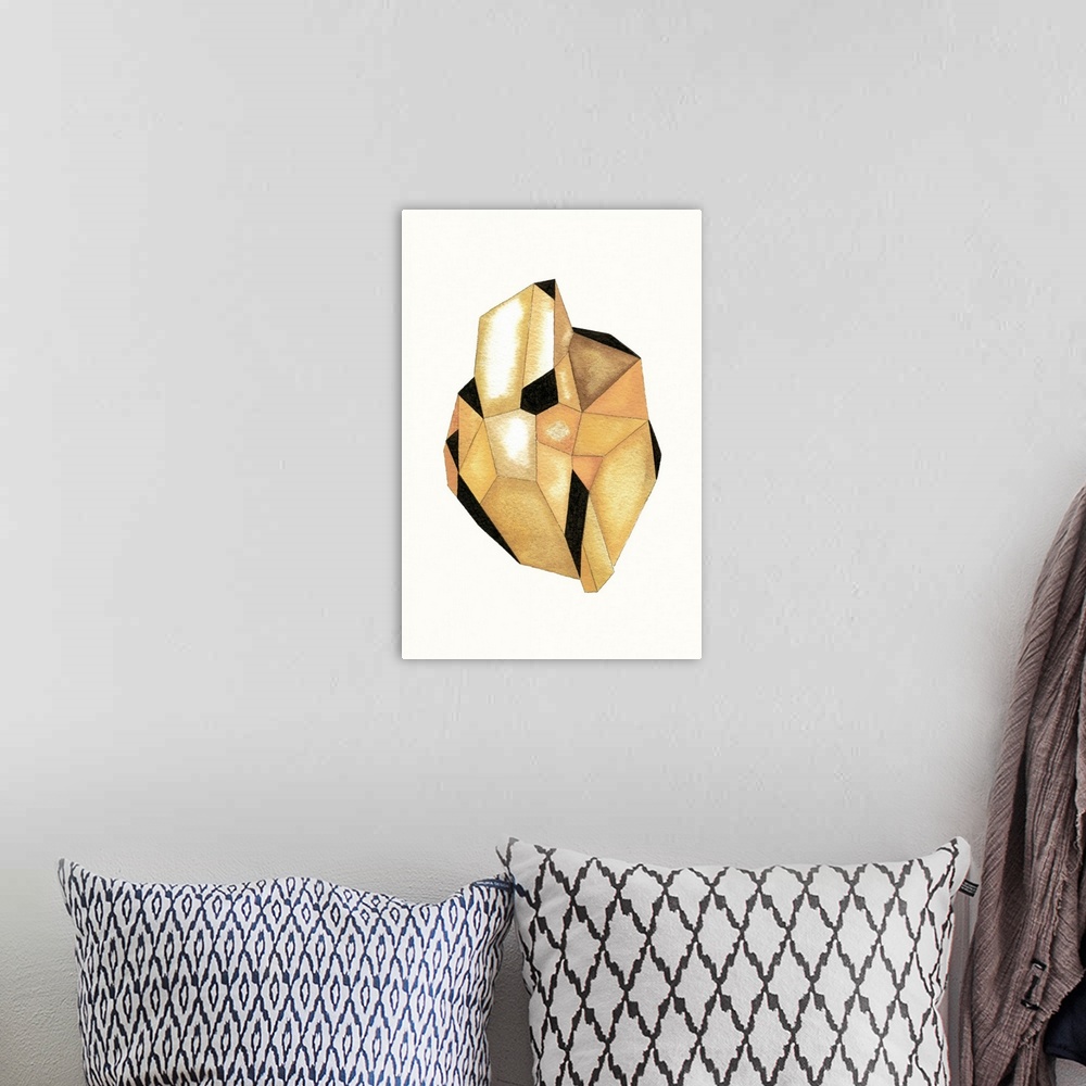 A bohemian room featuring A contemporary abstract watercolor painting of a topaz yellow colored crystal-like shape.