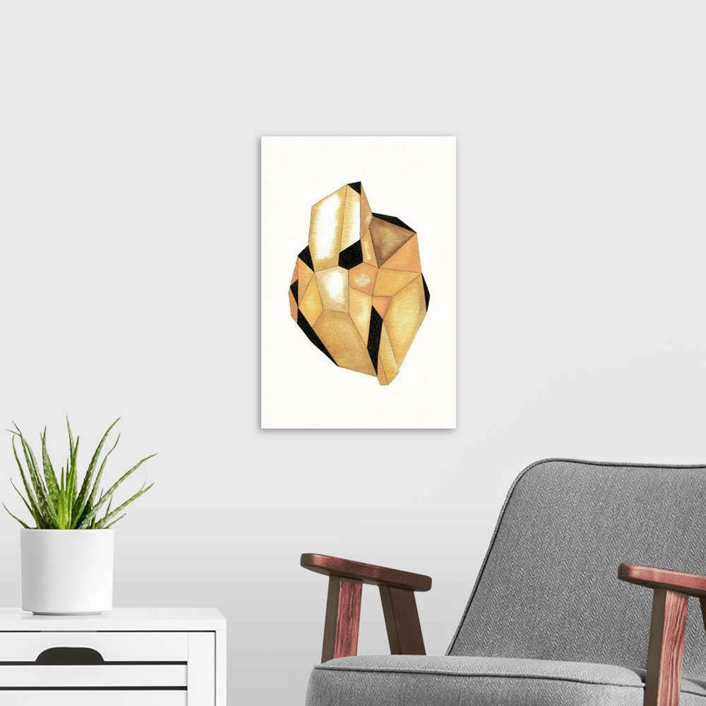 A modern room featuring A contemporary abstract watercolor painting of a topaz yellow colored crystal-like shape.