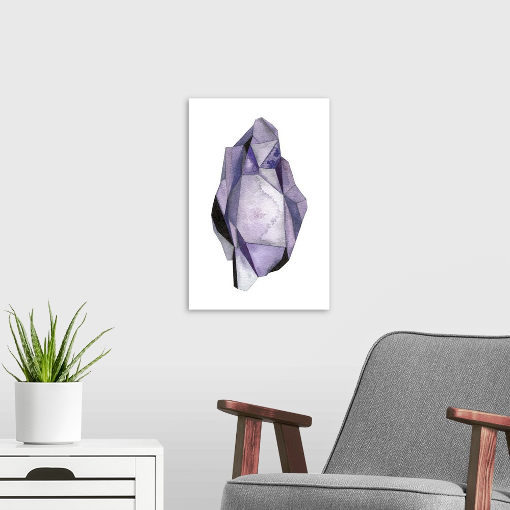 A modern room featuring A contemporary abstract watercolor painting of an amethyst colored crystal-like shape.