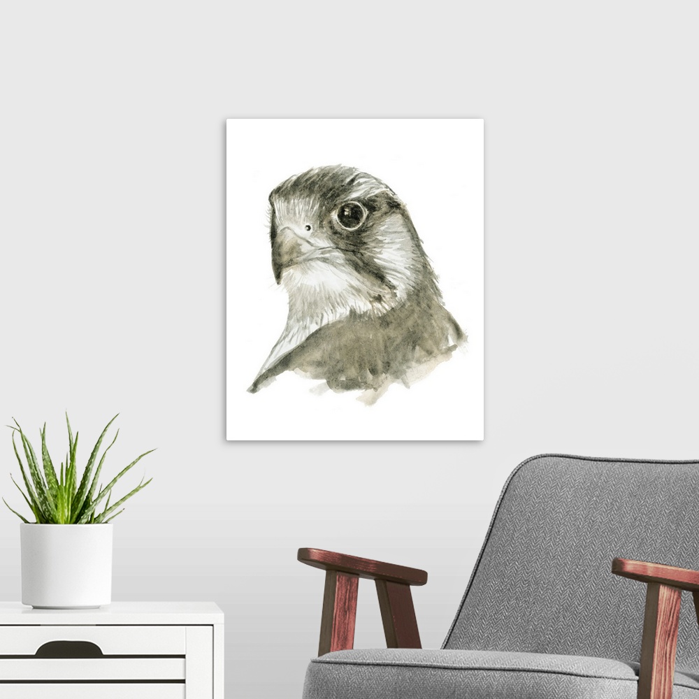 A modern room featuring Watercolor painting of a falcon on a solid white background.