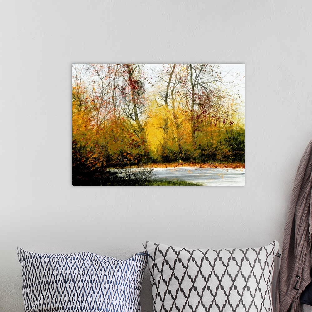 A bohemian room featuring Contemporary painting of an Autumn landscape with brightly colored trees.